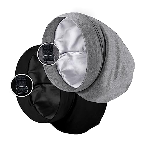 Gorro de dormir con forro de satén, para cabello rizado y trenzas, abrigo de pelo con correa ajustable para mujeres y hombres, negro y gris, paquete de 2