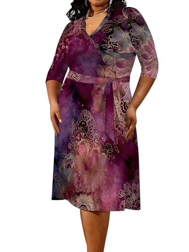 Image of PinkPatty Women's Plus Size Maxi Dress Print 3 /4 Sleeves V Neck Party Sundress Wedding Guest Dresses
