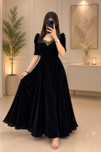 Image of Women Velvet Gown, Full Length, Puff Sleeves, Embellished Neckline, Wedding & Festive Occasion