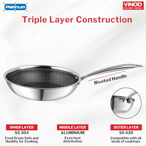 Vinod Platinum X Triply SAS Pro Frying Pan – Honeycomb Non Stick Base 3-Ply Skillet Pan,Induction & Gas Stove Friendly Ideal for Shakshuka, Fry-Ups & Luqaimat Saute & Griddle Use (20 cm Diameter) - Image 7