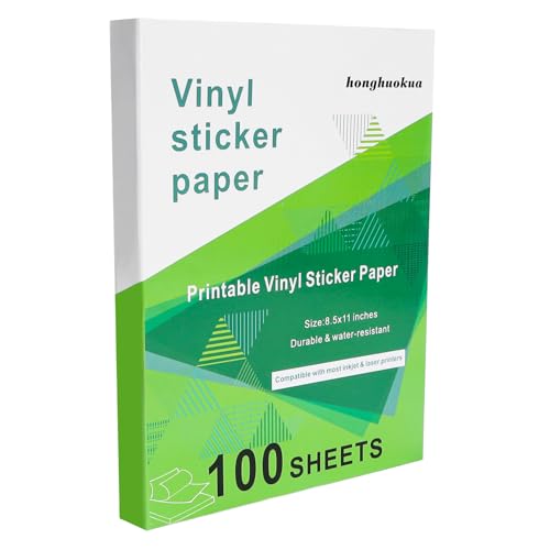 Printable Vinyl Sticker Paper - Waterproof Paper for Inkjet & Laser Printers, 100 Sheets 8.5 x 11 Inches Matte White Self-Adhesive Paper, Fast Dry for DIY Crafts, Labels and Decals