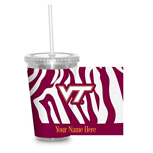 Rico Industries NCAA Virginia Tech Hokies Zebra Stripes 16oz Personalized Team Colored Glitter Travel Tumbler - Reusable Straw Included