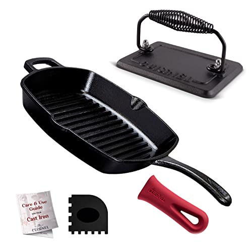Cast Iron Grill Pan - Square 10.5"-Inch Pre-Seasoned Ribbed Skillet + Handle Cover + Pan Scraper + Grill Press - Cast Iron Burger Press For Bacon, Steak & Hamburgers - 6.75"X4.5"-Inch Rectangular #TOP13