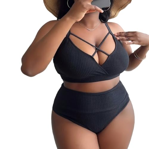 BSLVWG Plus Size Damen Bikini Sets Push Up Cross Bikini Tops für High-Waisted Bikini Bottoms Bauchkontrolle Bademode Weiche (DE/NL/SE/PL, Alphanumerisch, XXL, Große Größen, Regular, Schwarz)