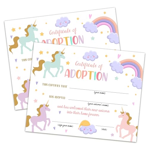Unicorn Adoption Certificate - Adopt A Unicorn Certificate for Girl Kids - Rainbow Unicorn Adoption Party Decorations - Magical Birthday Party Favors Supplies, 10 Adoption Certificates (CC12)