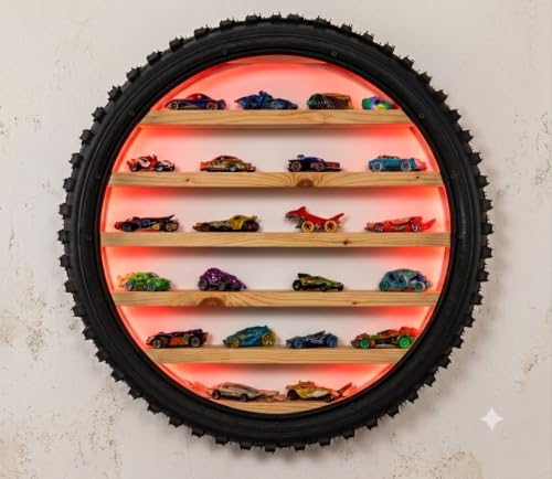 Image of Wooden Wall Shelf Display Rack for 1:64 Scale Die-Cast Cars with LED Light | Rugged Tyre Frame Storage Organizer for Hot Wheels Collection | Decorative Home & Room Decor (24 x 4 Inch (Red)