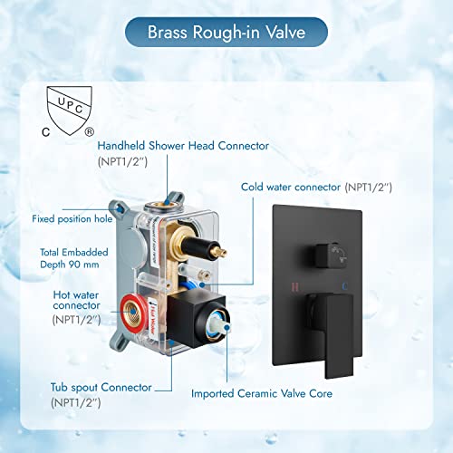 Cinwiny Matte Black Wall Mount Tub Filler Spout With Hand-Held Shower Single Handle Bathtub Shower Faucet Set Rough-In Valve Brass #TOP2