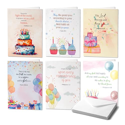 Only Zest Paquete de 30 tarjetas religiosas de cumpleaños con sobres y calcomanías, 4 x 6 pulgadas, tarjetas de cumpleaños cristianas inspiradoras en caja a granel con versículos de la Biblia y