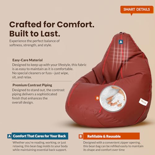 Image of Sattva Classic Piping XXXL Bean Bag with Pocket Filled with Beans | Faux Leather Teardrop Bean Bag for Adults & Teens | Pre-Filled Comfortable Seating for Bedroom, Living Room - Tan with Red Piping