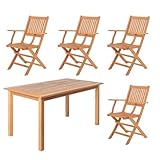 LOLAhome Conjunto de jardín Resistente y Plegable para 4 Personas | Mesa 140x80 cm y 4 Sillas con reposabrazos | De Madera natual sostenible de Acacia con FSC | para Exterior, terraza | Kate
