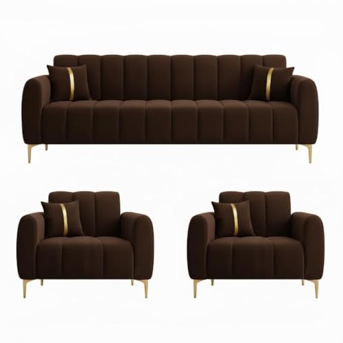 Image of FURNY Harmony 5 Seater Velvet Fabric 3+1+1 Sofa Set (Dark Brown) with Golden Finish Legs | Durable Comfort | Ideal for Living Room, Offices