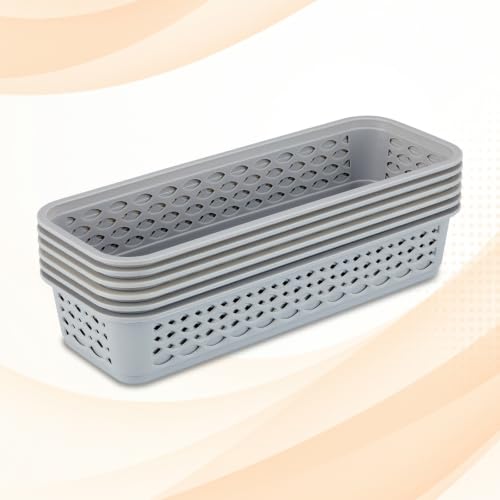 Image of RATAN PLASTICWARE Diana Tray Rectangular-Narrow (Pack of 6) Plastic Storage for Desk Basket /Organizers for Stationery, Jewellery, Tools,Kitchen, Office-Daiso Grey