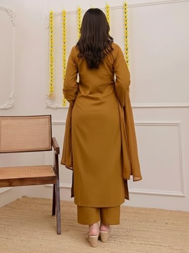 Image of ANNI Designer Pure Cotton Embroidered Kurta Set for Women | Rust Orange Kurta with Pants & Dupatta | Floral Neck & Hem Embroidery | Cotton Kurta Set for Women | 10 Colour Options Available