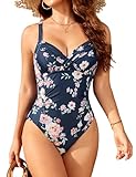 Vijamiy Bañador Mujer Reductor Barriga Swimsuit Sexy Escote en V Push Up con Relleno Bloqueo de Color en La Cintura One Piece Traje de Baño Piscina y Playa(Azul Marino-Flores Rosas,L)