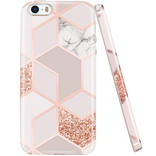 JAHOLAN Bling Glitter Sparkle Rose Gold Marble Design Slim Shockproof Clear Bumper TPU Soft Case Rubber Silicone Cover Phone Case Compatible with iPhone 5 5S