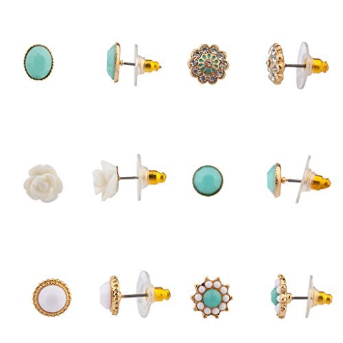 Lux Accessories Turquoise Pave Crystal Rose Flower Sun Multiple Stud Earring Set