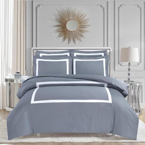 Majestic Giftware Madison Linen 4 Pcs 48" Full Size Duvet Bedding Set (BL3-48F-2-4pcs) Province Hotel Collection-Gray-White Tape 400 TC Cotton Sateen | 1 Fitted Sheet, 1 Duvet, 2 Pillowcases