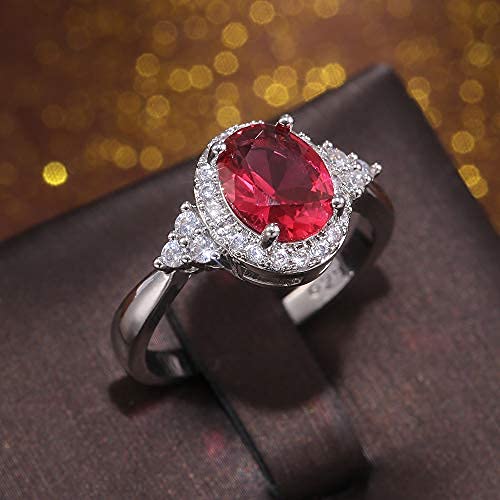 925 Sterling Silver Red Created Oval Ruby Micro-inlaid Zircon Women's Engagement Ring(US Code 6)3