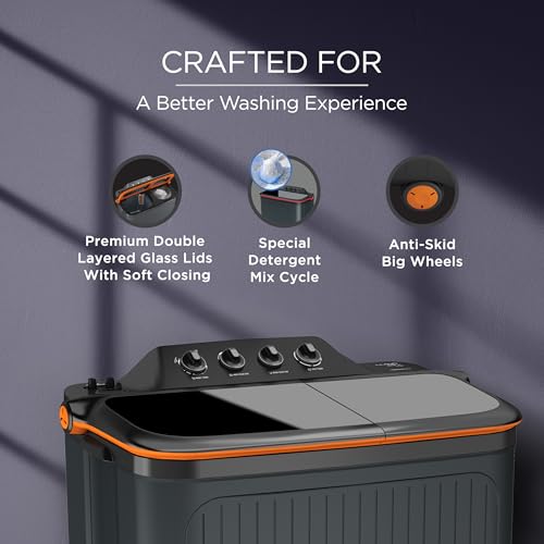 Image of Lloyd 8 kg 5 Star Semi Automatic Top Load Washing Machine |Toughened Glass Soft Closing Wash & Spin Lids (GLWMS80AVGEL, Dark Grey)