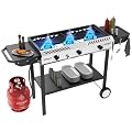 ROVSUN 3 Burner Outdoor Propane Gas Stove with Ignition, Regulator & Side Shelves, 225,000 BTU Rolling Gas Stove Outdoor Cooker for Backyard Patio Cooking Home Camping Brewing Canning Turkey Frying