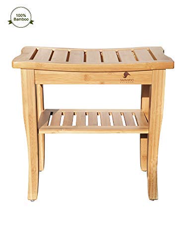 Ollypulse Bamboo Shower Bench, Spa Bath Seat Stool with 2-Tier Storage Shelf Wooden