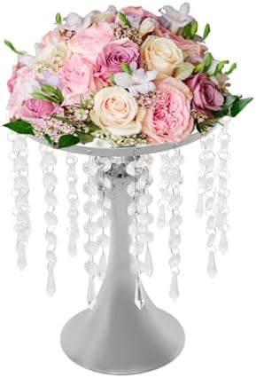 10 Pcs Silver Crystal Flower Stands - Elegant Wedding Table Centerpieces with Sparkling Beads, Metal Vases for Reception & Event Decor, Height: 10.23in