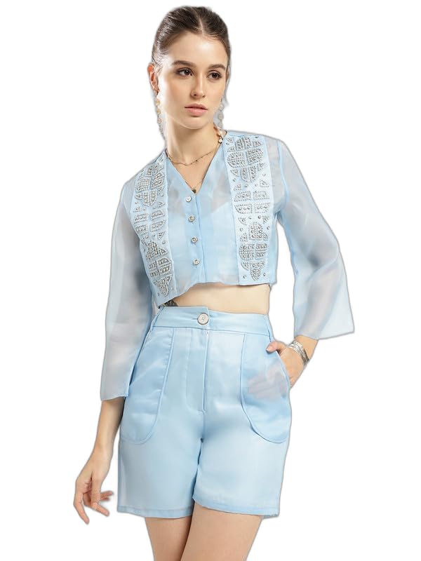 elegantti Women's 3 Piece Summer Song Embroidered Blazer Set || Open Front Single Breasted Relaxed Fit Shawl Collar || Long Sleeve Blazer and Solid Short Pants Suit Sets || Blazer for Women-picture-21
