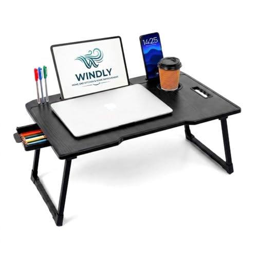 Image of WINDLY Wood Multipurpose Foldable Laptop Table with Cup Holder | Table Home Study Writing Table, Foldable and Portable /Ergonomic Edges Kids & Adults (Black)