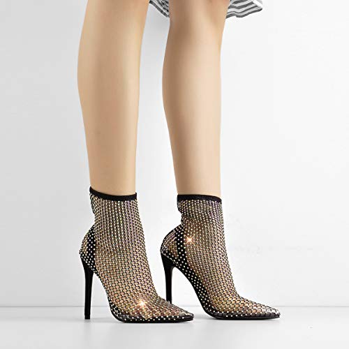 Lishan Women's Fishnet Rhinestone Studded Stiletto Diamante Heels Stockings Sandals Clear Pointed Toe High Heels Pumps Black Size 6.5 #TOP1
