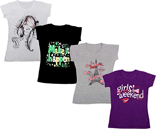 Image of indi weaves Girls Pure Cotton Chest Printed Half Sleeves Round Neck T-Shirts (Pack of 4)