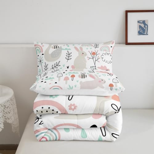 Image of Feelyou Cartoon Goose Bunny Comforter Set Full, Cute Rabbit Comforter Set Cartoon Rainbow Comforter Botanical Leaves and Flowers Duvet Set Lightweight Quilt Set