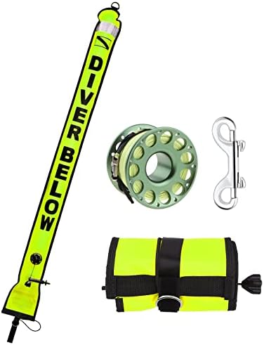 Scuba Surface Marker Buoy (SMB) Set, 5ft Hi-Visibility Reflective Band Open Bottom Safety Sausage with 100ft Alloy Finger Spool Dive Reel and Double-ended Snap Hook Fits Underwater Fluorescent Yellow