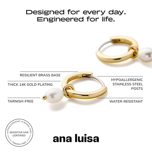 Image of Ana Luisa Frida Pearl Jewelry Huggie Hoops - Medium & Small 14K Gold Plated & Silver Rhodium Plated Drop Hoop Earrings with Freshwater Pearls - 2-in-1 Hypoallergenic Water-Resistant, Tarnish-Free Hoop