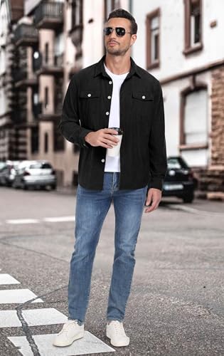 Image of Askdeer Men's Corduroy Button Down Shirts Long Sleeve Casual Shacket Jacket Western Corduroy Shirt Jacket with Flap Pockets