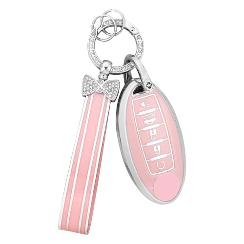 PIFOOG Key Fob Cover for Nissan 5 Button Pink Car Keys Shell Case Bling Keychain Protector Accessories for Altima Sentra Rogue Pathfinder Murano Armada Maxima Versa Soft TPU Girly Women