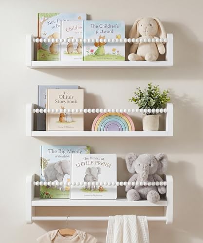 Image of Mazjoaru Nursery Book Shelves for Wall Set of 3, White Natural Wood Bookshelf Wall Decor, Small Floating Shelf Organizer for Kids Room, Bedroom, Kitchen Spice Rack