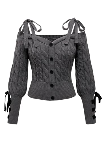 WDIRARA Womens Tie Knot Cold Shoulder Button Down Cardigan Bow Long Sleeve Sweater Grey Large
