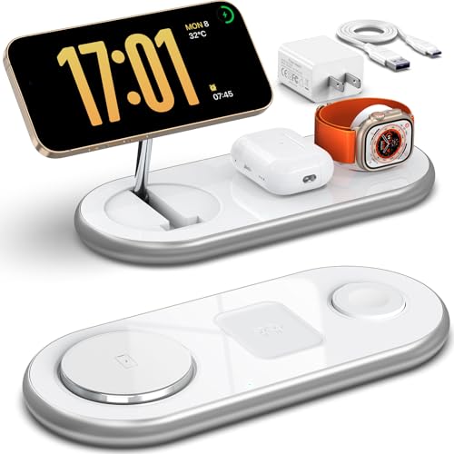 Image of 3 in 1 Charging Station for Apple - Faster Mag-Safe Charger Stand for iPhone - Magnetic Wireless Charger Station for iPhone 17 /16 /15 /14 /13 /12 Series, Apple Watch Series, AirPods Pro (White)