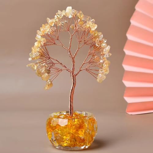 Aisamco Chakra Árbol de Cristal curativo de la Vida, Cristales y Piedras curativas, árboles bonsái, energía Positiva, Riqueza, Buena Suerte, decoración de Oficina en casa de Feng Shui (Amarillo)