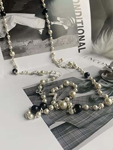 Fashion Jewelry Designer Bridal And Chic Long Imitation Pearl Clover Flower Strand Necklace For Women (Black Flowers) #TOP3
