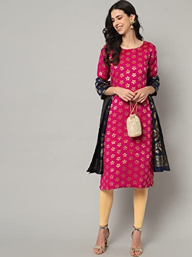 Image of VredeVogel Women's Cotton Silk Blend Straight Kurta With Dupatta with Banarasi Silk Dupatta