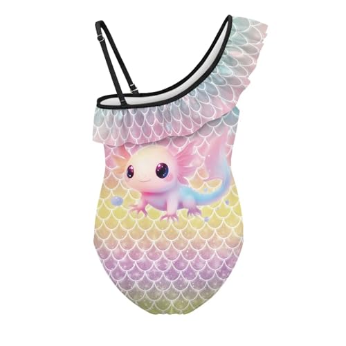 Image of Axolotl Mermaid Scale Girls Swimsuit One-Piece Bathing Suits Multicolor Kids Sport Summer Beach Swimwear for 6-12 Years Stretchy One-Shoulder Swimsuit for Outdoor