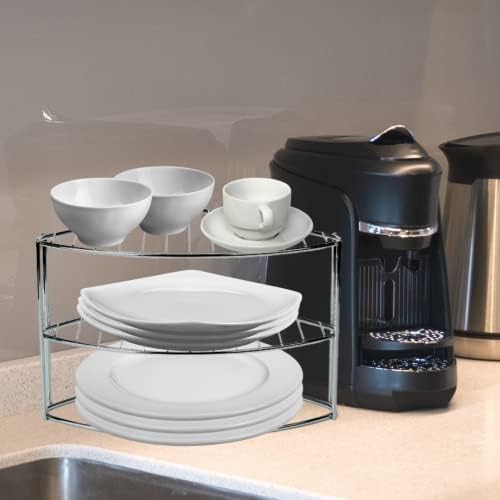 HomeZone 3 Tier Kitchen Cupboard organiser Corner Shelving Rack Plate Rack kitchen organiser fridge organisers or under sink storage. Kitchen storage & organisation (Chrome)