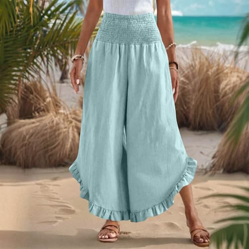 Summer Pants for Women Wide Leg Pants Woman Casual Smocked High Waist Flowy Ruffle Hem Capris Beach Vacation Boho Trousers Light Blue4