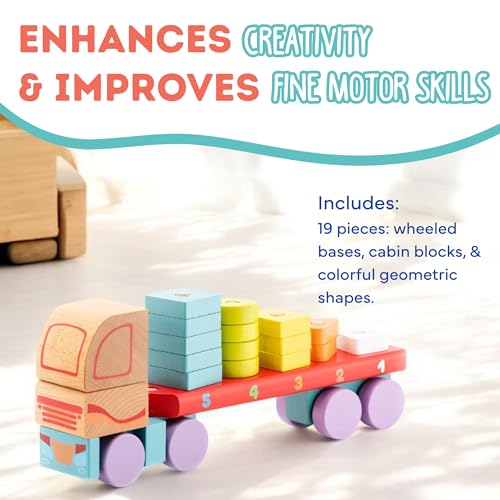 Image of CUBIKA Wooden Geometric Shapes Truck- Montessori Toy for Toddlers Ages 3+- Shape Sorter and Stacking Truck Building Toy- FSC-Certified Wood, German Water-Based Paints, Travel-Friendly
