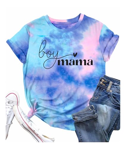 Life is Better with My Boys Shirt for Women Funny Mom Life T Shirts Casual Tops Tees Short Sleeve Boy Mom Shirt(X-Large,Tie Dye-1)