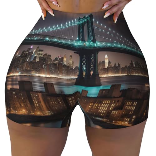 New York Manhattan Bridge Night Print Gym Shorts for Women