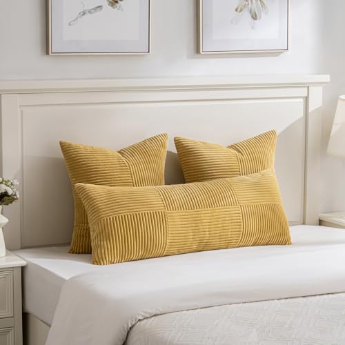 Image of Fancy Homi Set of 2 Mustard Yellow Boho Long Lumbar Body Decorative Throw Pillow Cover 14x36 Inch for Bed Couch Bedroom Bench, Soft Patchwork Corduroy Pillow Case, Rustic Farmhouse Room Decor