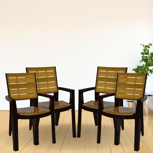 Image of ITALICA Designer Series Comfortable Plastic Arm Chair /Double Insert Stackable Chair for Home, Office /Plastic Chair /Sturdy & Durable Chair /Indoor and Outdoor (Brown & Gold, Set of 4)