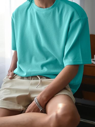 Image of Men's Oversized Ribbed Textured T-Shirt | Premium Knit Fabric | Relaxed Fit | Half Sleeve Crew Neck Casual Solid Tee